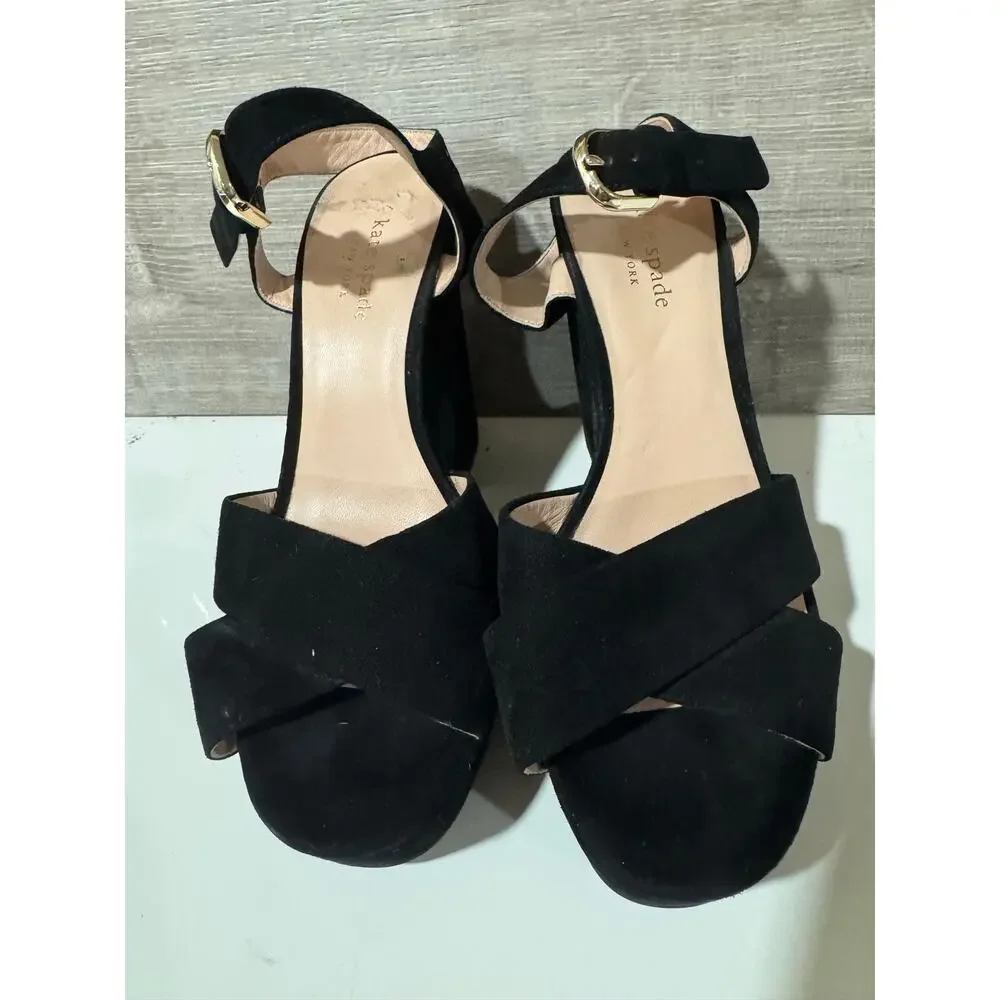 Kate Spade New York Black Suede Platform Sandals Heels Women’s Size 8.5B